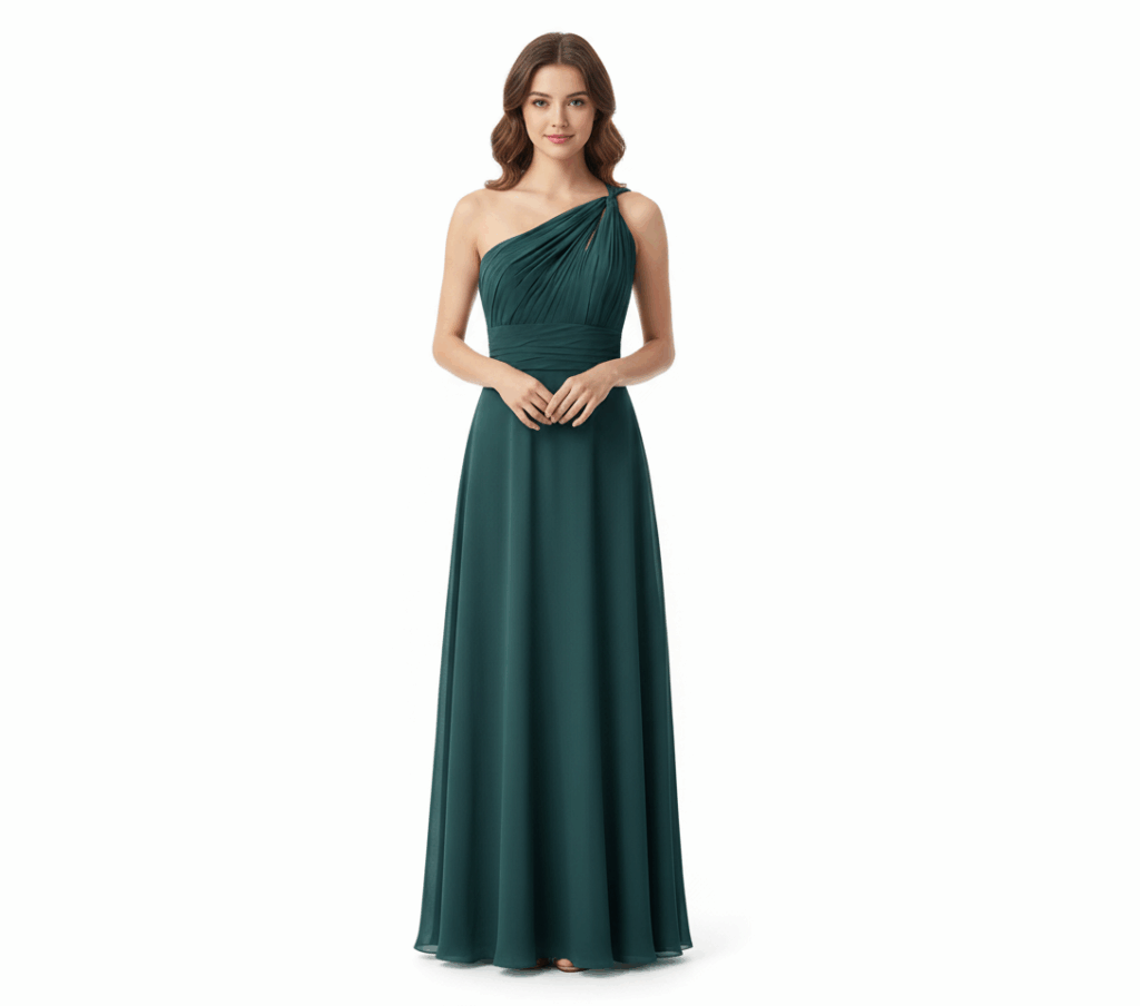 Geelong forest green one-shoulder chiffon formal gown.