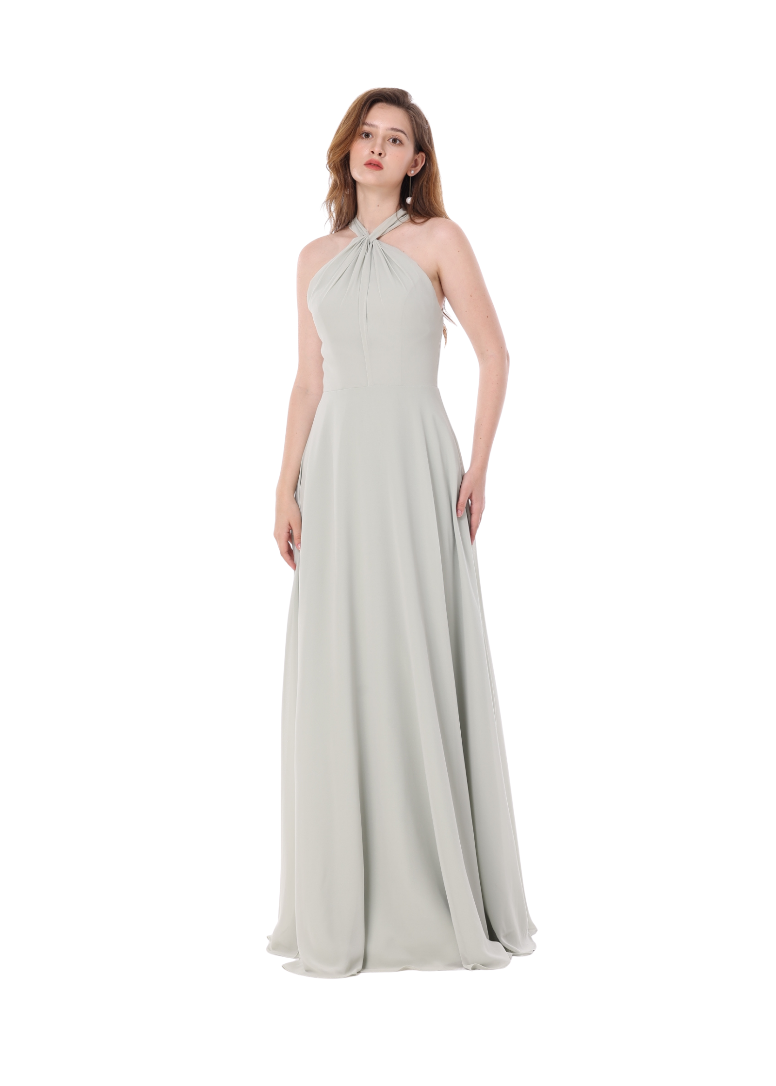 Elegant light grey halter-neck chiffon bridesmaid dress with gathered bodice and flowing floor-length silhouette.