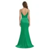 Detailed back view of Elara Ruched Jersey Trumpet Gown highlighting the deep V-back design, spaghetti strap continuation, smooth back zipper closure, and the elegant flare of the trumpet skirt.