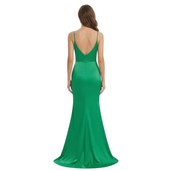 Detailed back view of Elara Ruched Jersey Trumpet Gown highlighting the deep V-back design, spaghetti strap continuation, smooth back zipper closure, and the elegant flare of the trumpet skirt.
