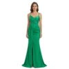 Front view of the Elara Ruched Jersey Trumpet Gown showcasing the sleek V-neckline, delicate spaghetti straps, side ruching for a flattering silhouette, high front slit, and flowing trumpet skirt in luxurious jersey fabric.