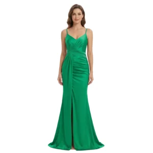 Front view of the Elara Ruched Jersey Trumpet Gown showcasing the sleek V-neckline, delicate spaghetti straps, side ruching for a flattering silhouette, high front slit, and flowing trumpet skirt in luxurious jersey fabric.