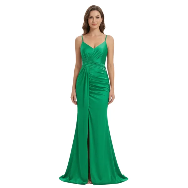 Front view of the Elara Ruched Jersey Trumpet Gown showcasing the sleek V-neckline, delicate spaghetti straps, side ruching for a flattering silhouette, high front slit, and flowing trumpet skirt in luxurious jersey fabric.