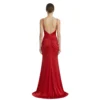 Detailed back view of the Lucienne Ruched Jersey Mermaid Gown highlighting the low back design with spaghetti straps, ruched gathering at the waist, and a sleek back zipper closure leading to the sweeping train.