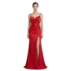 Front view of the Lucienne Ruched Jersey Mermaid Gown in vibrant red, featuring a sweetheart neckline with spaghetti straps, ruched bodice, high thigh slit, and a flared floor-length skirt for an elegant, form-fitting silhouette.