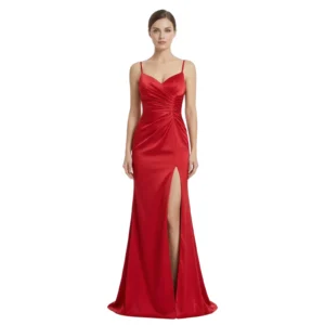 Front view of the Lucienne Ruched Jersey Mermaid Gown in vibrant red, featuring a sweetheart neckline with spaghetti straps, ruched bodice, high thigh slit, and a flared floor-length skirt for an elegant, form-fitting silhouette.