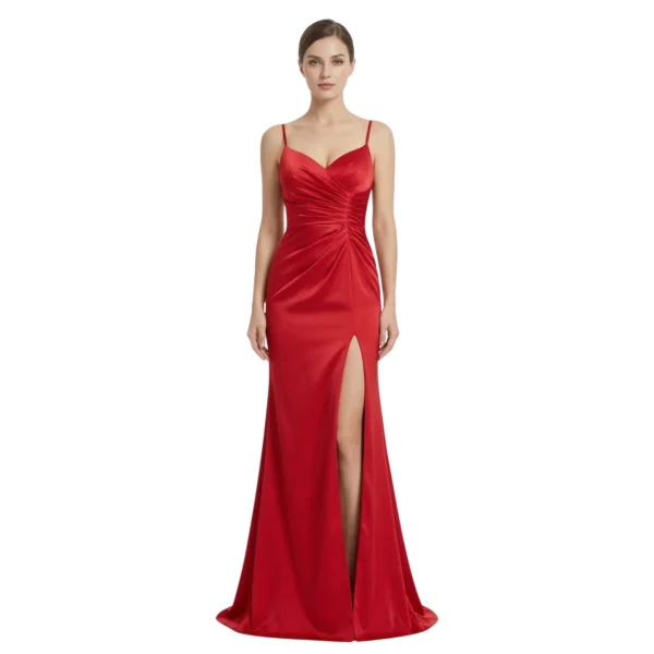 Front view of the Lucienne Ruched Jersey Mermaid Gown in vibrant red, featuring a sweetheart neckline with spaghetti straps, ruched bodice, high thigh slit, and a flared floor-length skirt for an elegant, form-fitting silhouette.