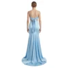 Detailed back view of the Genevieve Jersey Mermaid Gown highlighting the open back with bow tie detail and hidden zipper closure, showcasing the smooth jersey fabric and elegant sweep train.