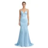 Front view of the Genevieve Jersey Mermaid Gown in light blue, featuring a sleek V-neckline with spaghetti straps, form-fitting bodice transitioning to a flared mermaid skirt with sweep train.