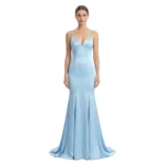 Front view of the Genevieve Jersey Mermaid Gown in light blue, featuring a sleek V-neckline with spaghetti straps, form-fitting bodice transitioning to a flared mermaid skirt with sweep train.
