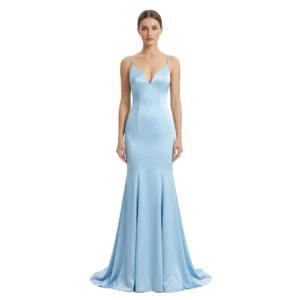 Front view of the Genevieve Jersey Mermaid Gown in light blue, featuring a sleek V-neckline with spaghetti straps, form-fitting bodice transitioning to a flared mermaid skirt with sweep train.