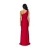 Detailed back view of the Colette One-Shoulder Jersey Gown highlighting the closed back with asymmetrical shoulder line, smooth jersey fabric draping elegantly, and hidden back zipper closure for a seamless fit.