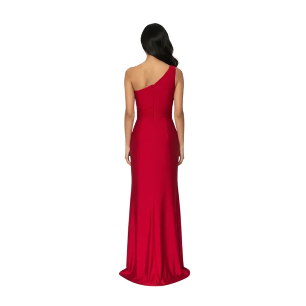 Detailed back view of the Colette One-Shoulder Jersey Gown highlighting the closed back with asymmetrical shoulder line, smooth jersey fabric draping elegantly, and hidden back zipper closure for a seamless fit.