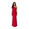 Front view of the Colette One-Shoulder Jersey Gown in rich red, showcasing the asymmetrical one-shoulder neckline, fitted bodice with ruched side detailing and bow accent at the waist, transitioning into a flowing floor-length skirt with subtle flare.