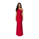 Front view of the Colette One-Shoulder Jersey Gown in rich red, showcasing the asymmetrical one-shoulder neckline, fitted bodice with ruched side detailing and bow accent at the waist, transitioning into a flowing floor-length skirt with subtle flare.