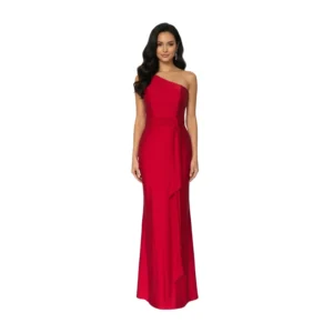 Front view of the Colette One-Shoulder Jersey Gown in rich red, showcasing the asymmetrical one-shoulder neckline, fitted bodice with ruched side detailing and bow accent at the waist, transitioning into a flowing floor-length skirt with subtle flare.