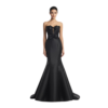 Front view of the Margot Heavy Satin Mermaid Gown featuring a strapless sweetheart neckline with keyhole cutout and prominent bow accent, fitted bodice transitioning to a flared mermaid skirt in luxurious heavy satin fabric.