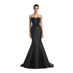 Front view of the Margot Heavy Satin Mermaid Gown featuring a strapless sweetheart neckline with keyhole cutout and prominent bow accent, fitted bodice transitioning to a flared mermaid skirt in luxurious heavy satin fabric.