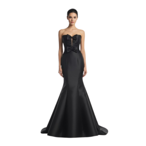 Front view of the Margot Heavy Satin Mermaid Gown featuring a strapless sweetheart neckline with keyhole cutout and prominent bow accent, fitted bodice transitioning to a flared mermaid skirt in luxurious heavy satin fabric.