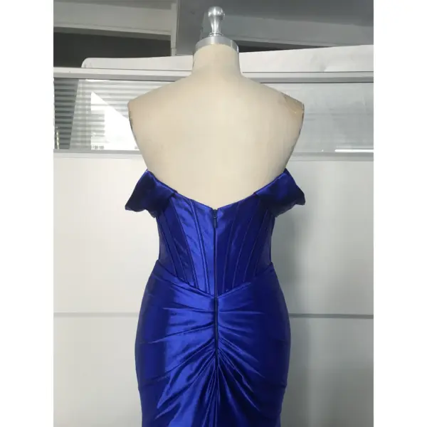 Serena Royal Blue Off-the-Shoulder Stretch Satin Mermaid Gown - Back Tailoring & Slit Detail
