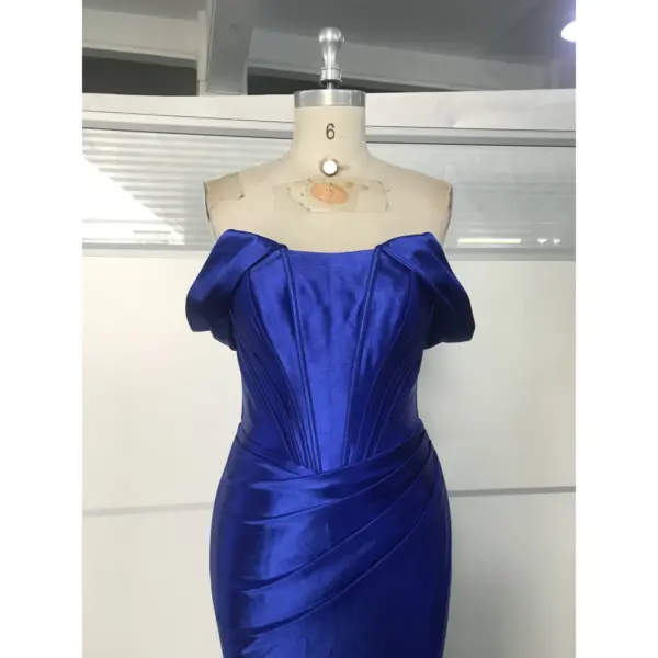 Serena Royal Blue Off-the-Shoulder Stretch Satin Mermaid Gown - Bodice & Neckline Detail