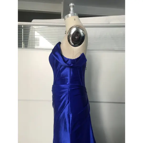 Serena Royal Blue Off-the-Shoulder Stretch Satin Mermaid Gown - Elegant Side Profile View