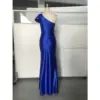 Back view of the Royal Blue stretch satin mermaid gown showcasing the sleek fitted silhouette, clean lines, hidden zipper closure, and graceful floor-length hem.