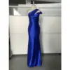 Stunning Royal Blue stretch satin one-shoulder mermaid gown featuring elegant draped neckline and ruched bodice that sculpts the figure in luxurious shine.