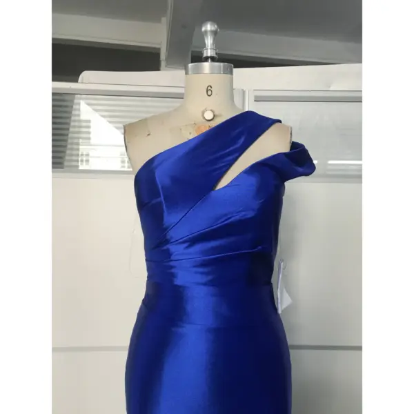 Viviana Royal Blue One-Shoulder Stretch Satin Mermaid Gown - Bodice & Neckline Detail