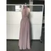 Detailed back view of Leona in Lavender Chiffon Halter Gown highlighting the halter tie closure, ruched waist detail and graceful flowing A-line chiffon skirt with concealed zipper
