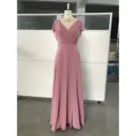 Front view of Madeleine Chiffon A-Line Dress in Dusky Rose featuring a flattering V-neck, pleated bodice, natural waist, and flowing floor-length skirt with side slit