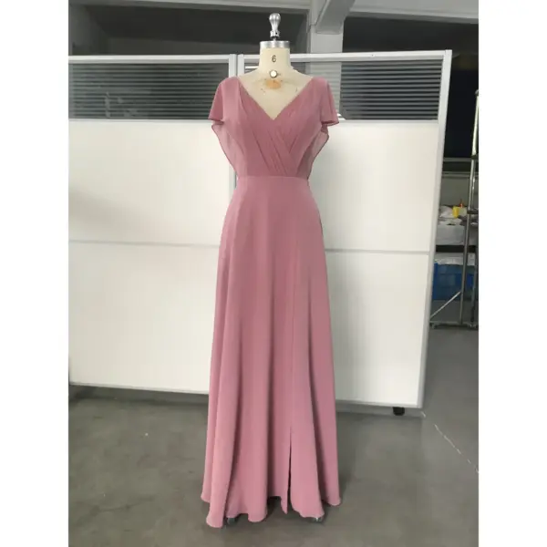 Front view of Madeleine Chiffon A-Line Dress in Dusky Rose featuring a flattering V-neck, pleated bodice, natural waist, and flowing floor-length skirt with side slit