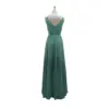 Detailed back view of Fleur Chiffon A-Line Dress in Pine highlighting the deep V-back, pleated waistband, and hidden zipper closure that creates a smooth, elegant line through the flowing A-line skirt