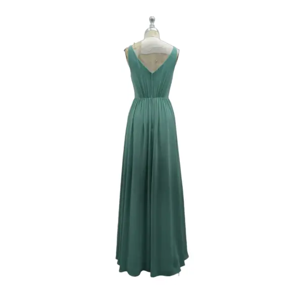 Detailed back view of Fleur Chiffon A-Line Dress in Pine highlighting the deep V-back, pleated waistband, and hidden zipper closure that creates a smooth, elegant line through the flowing A-line skirt