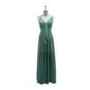 Front view of Fleur Chiffon A-Line Dress in Pine featuring a deep V-neck, ruched twist-front bodice with cascading fabric detail, and flowing full-length skirt that creates a graceful A-line silhouette