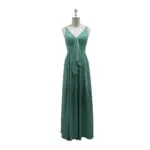 Front view of Fleur Chiffon A-Line Dress in Pine featuring a deep V-neck, ruched twist-front bodice with cascading fabric detail, and flowing full-length skirt that creates a graceful A-line silhouette