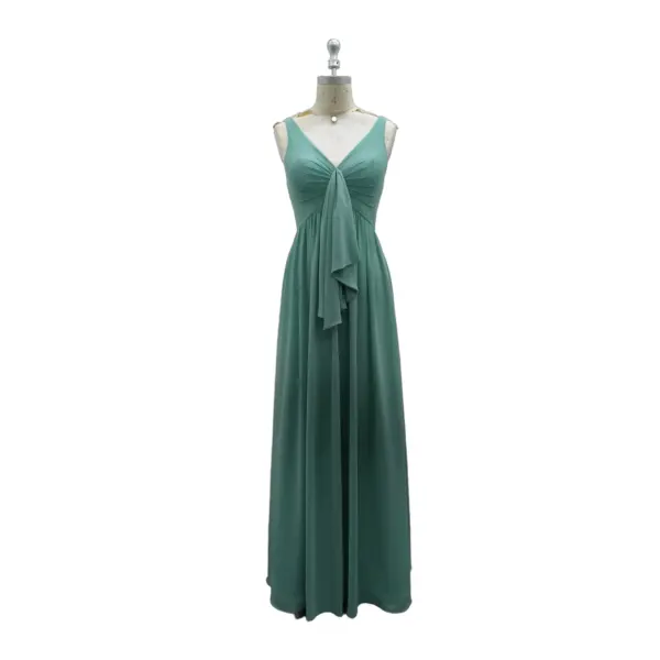 Front view of Fleur Chiffon A-Line Dress in Pine featuring a deep V-neck, ruched twist-front bodice with cascading fabric detail, and flowing full-length skirt that creates a graceful A-line silhouette
