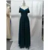 Front view of the Adeline Chiffon A-Line Gown in Petrol featuring an off-the-shoulder sweetheart neckline with draped short sleeves, intricately ruched crisscross bodice, natural waist, and flowing pleated floor-length skirt in luxurious chiffon fabric.