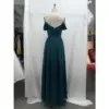 Detailed back view of the Adeline in Petrol Chiffon A-Line Gown highlighting the V-back design with delicate spaghetti straps, ruched bodice detailing, concealed back zipper closure, and the full flow of the pleated A-line chiffon skirt.
