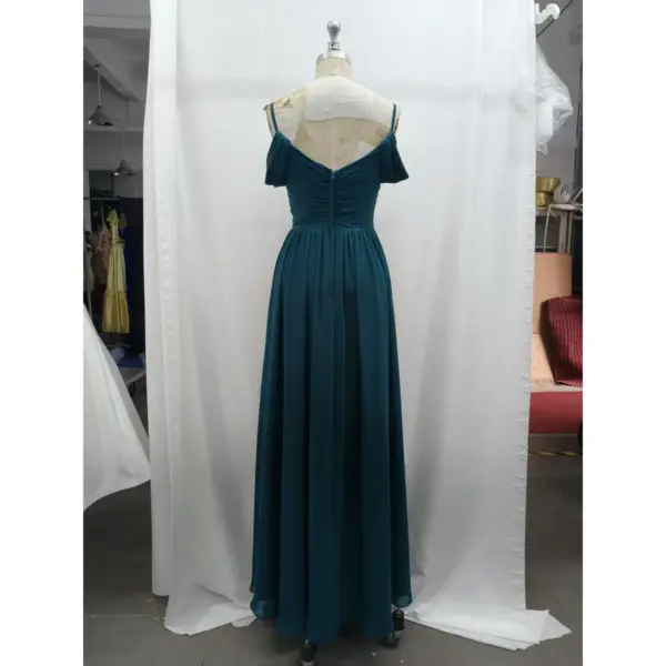 Detailed back view of the Adeline in Petrol Chiffon A-Line Gown highlighting the V-back design with delicate spaghetti straps, ruched bodice detailing, concealed back zipper closure, and the full flow of the pleated A-line chiffon skirt.