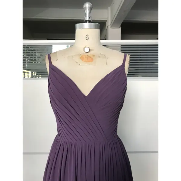 Amelie Mauve Pleated Chiffon Slit Dress - Bodice & Neckline Detail