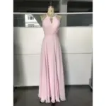 Elegant Pale Pink Chiffon dress featuring a sophisticated halter neckline with keyhole detail, pleated bodice and flowing A-line skirt in luxurious lightweight chiffon fabric
