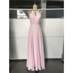 Elegant Pale Pink Chiffon dress featuring a sophisticated halter neckline with keyhole detail, pleated bodice and flowing A-line skirt in luxurious lightweight chiffon fabric