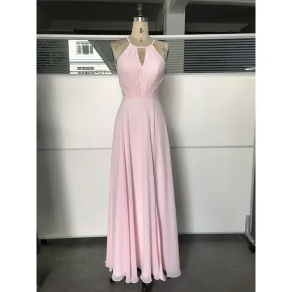Elegant Pale Pink Chiffon dress featuring a sophisticated halter neckline with keyhole detail, pleated bodice and flowing A-line skirt in luxurious lightweight chiffon fabric
