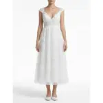 Sarah in stunning Ivory embroidered tulle tea length bridal gown with delicate floral lace appliques, romantic V-neckline and flowing A-line silhouette that captures ethereal romance and bridal glow