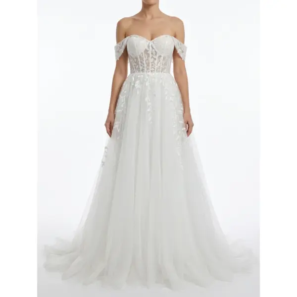 Stunning off-the-shoulder Vanessa Ivory bridal gown in delicate embroidered tulle featuring a sweetheart neckline, floral lace appliques cascading down the bodice and full ball gown skirt with ethereal layered texture.