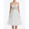 Front view of the Marie Ivory bridal gown featuring delicate embroidered leaf motifs on luxurious tulle fabric, romantic off-the-shoulder sweetheart neckline with illusion tulle straps, and a full layered tulle skirt that creates ethereal bridal romance.