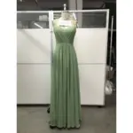 Front view of the Elowen Fern Chiffon Lace Applique A-Line Gown featuring a soft fern green hue, delicate spaghetti straps, pleated sweetheart neckline with ruched crossover bodice, and flowing chiffon A-line skirt.