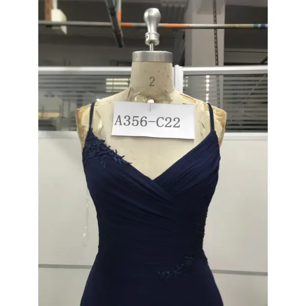 Evelina Navy Ruched Chiffon Lace Applique Gown - Bodice & Neckline Detail