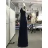 Evelina Navy Ruched Chiffon Lace Applique Gown - Elegant Side Profile View